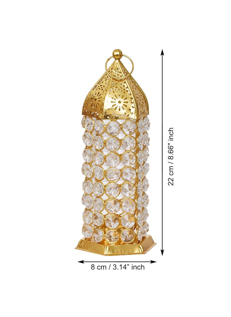 WebelKart Premium Crystal Moroccan Brass Tealight Candle Holder for Home Decoration,Lantern Shape Tealight Holder for Diwali Decor (8.5