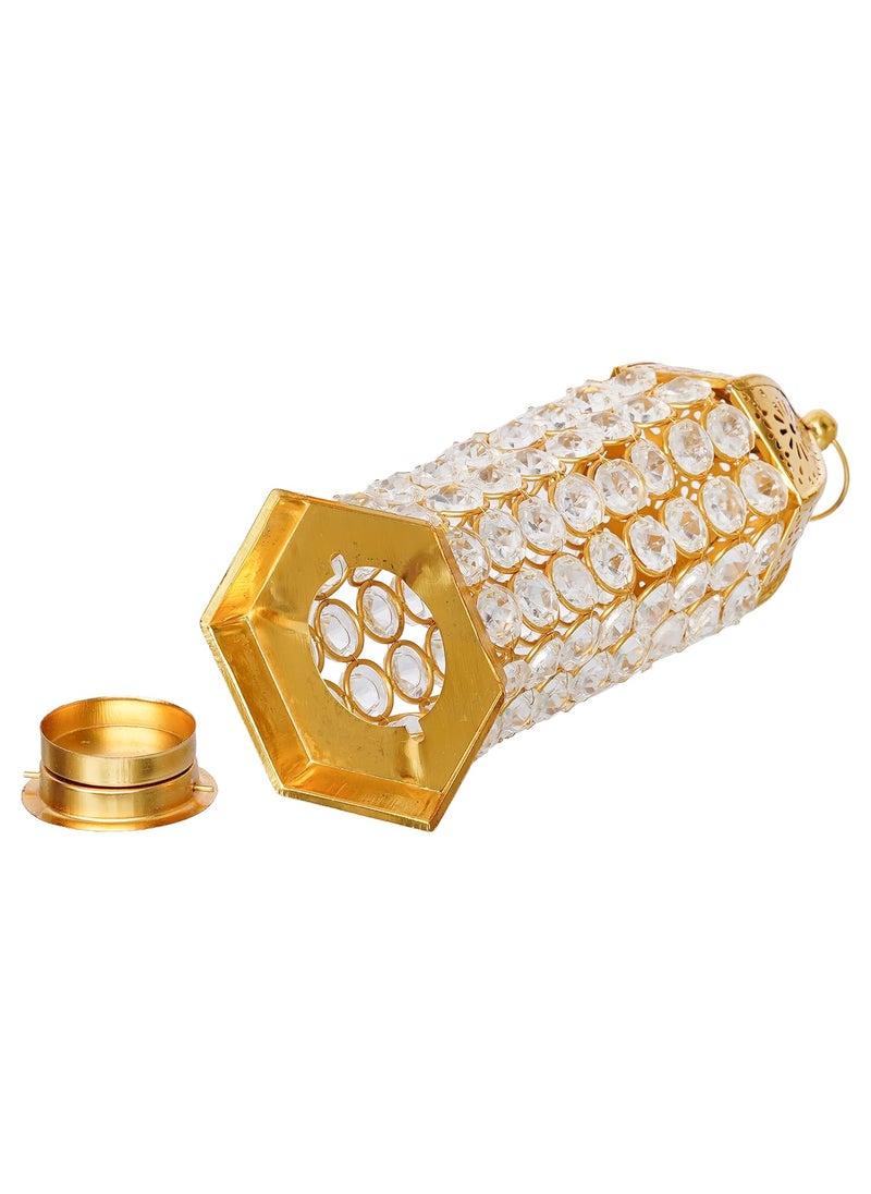 WebelKart Premium Crystal Moroccan Brass Tealight Candle Holder for Home Decoration,Lantern Shape Tealight Holder for Diwali Decor (8.5