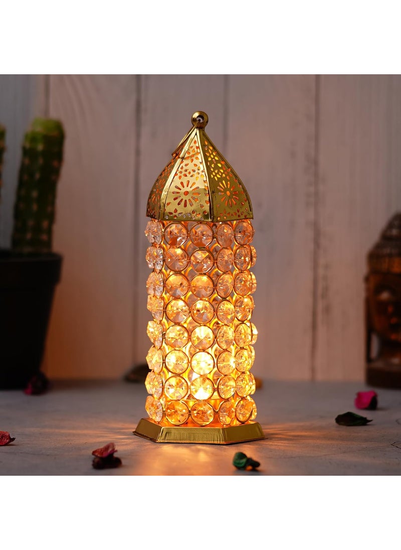 WebelKart Premium Crystal Moroccan Brass Tealight Candle Holder for Home Decoration,Lantern Shape Tealight Holder for Diwali Decor (8.5