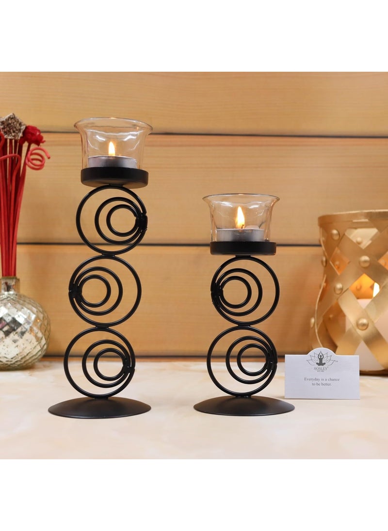 HOSLEY Clear Glass Tealight Candle Holders|Black Tealight Candle Holders with Glass Holders Perfect for Home Decor Tabletop Centerpiece| Pack of 2 with Pack of 2 Tealights
