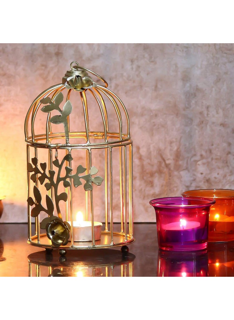 WebelKart Gold Color Metal Bird cage Tealight Candle Holder with Flower Vine for Home Décor
