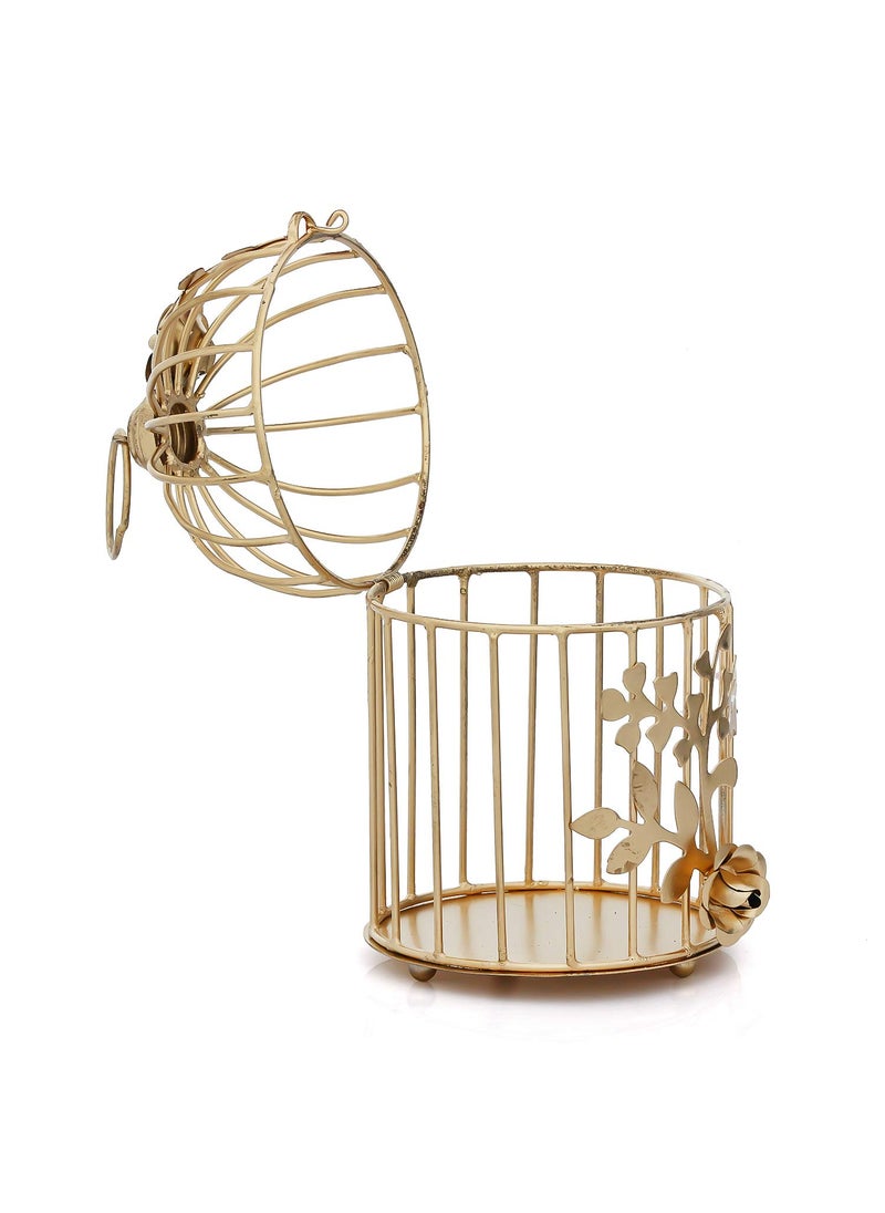 WebelKart Gold Color Metal Bird cage Tealight Candle Holder with Flower Vine for Home Décor
