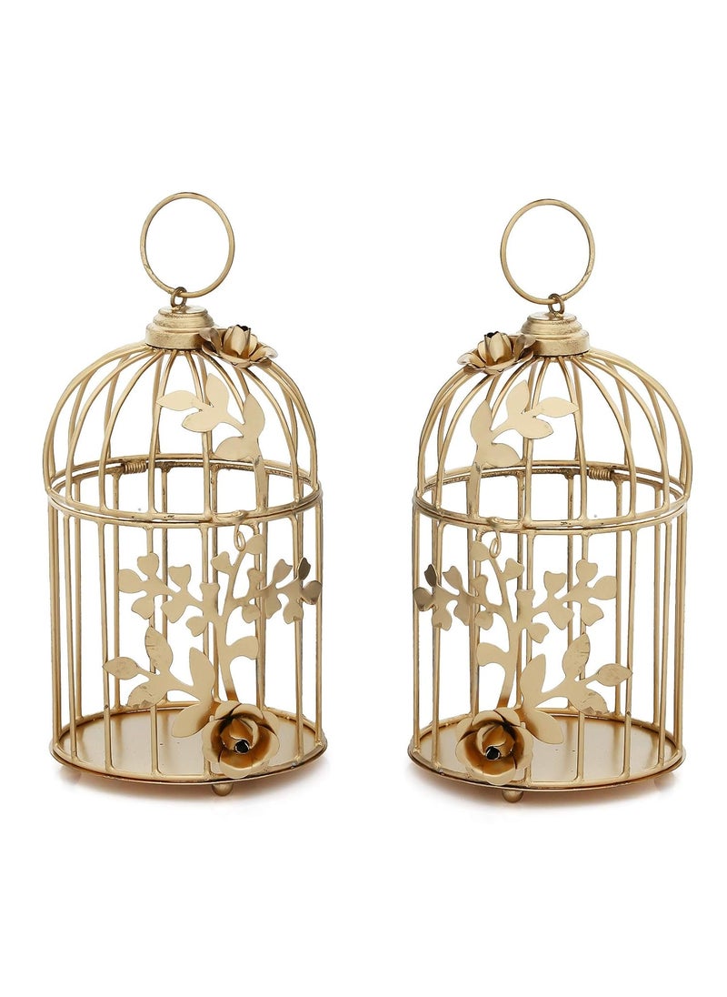 WebelKart Gold Color Metal Bird cage Tealight Candle Holder with Flower Vine for Home Décor