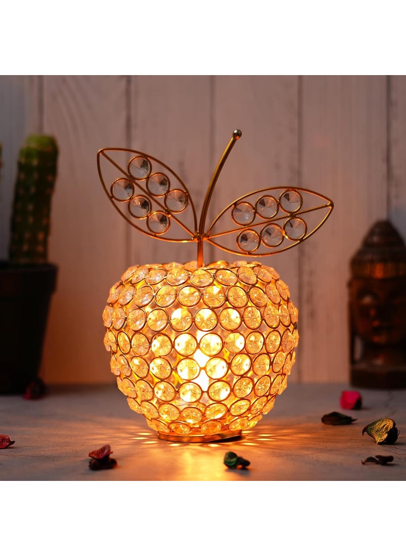 WebelKart Premium Apple Shape Crystal Brass Tealight Candle Holder for Home Decoration |Tealight Candle Holder for Diwali Decor | Candle Holder for Table Decor (8.5