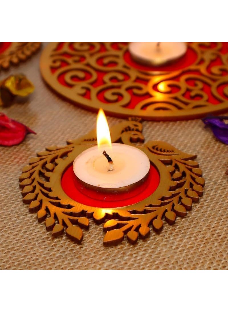 Webelkart Premium Wooden Peacock Rangoli Candle Holder for Diwali Dexor | Diwali Gift Item, Festival Decorative Item Tealight Candle Holder Multicolor (Model-2)