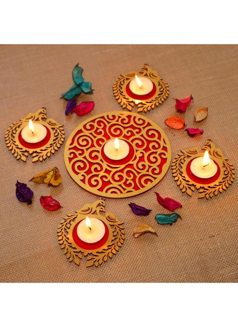 Webelkart Premium Wooden Peacock Rangoli Candle Holder for Diwali Dexor | Diwali Gift Item, Festival Decorative Item Tealight Candle Holder Multicolor (Model-2)