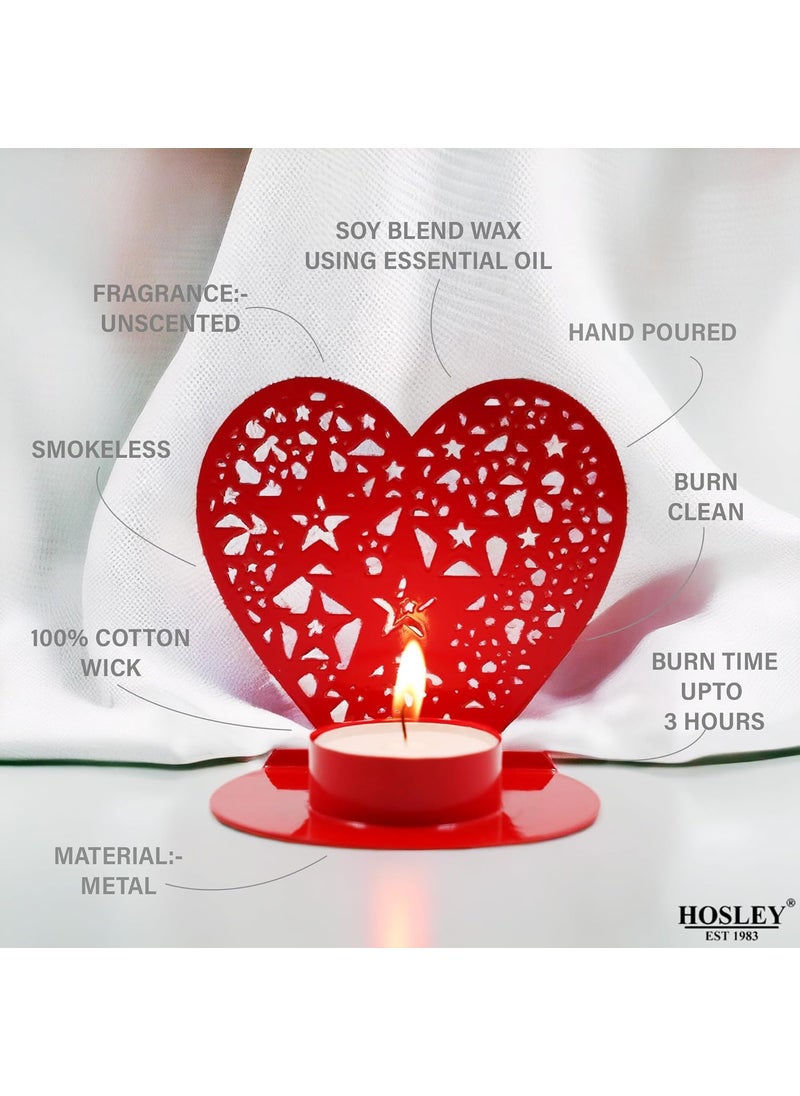 HOSLEY Heart Shape Iron Tealight Holder Set | Includes 2 Unscented Tealight Candles | 3-Hour Burn Time | Smokeless & Dripless | Perfect Valentine’s Day Gift for Her or Him | Red