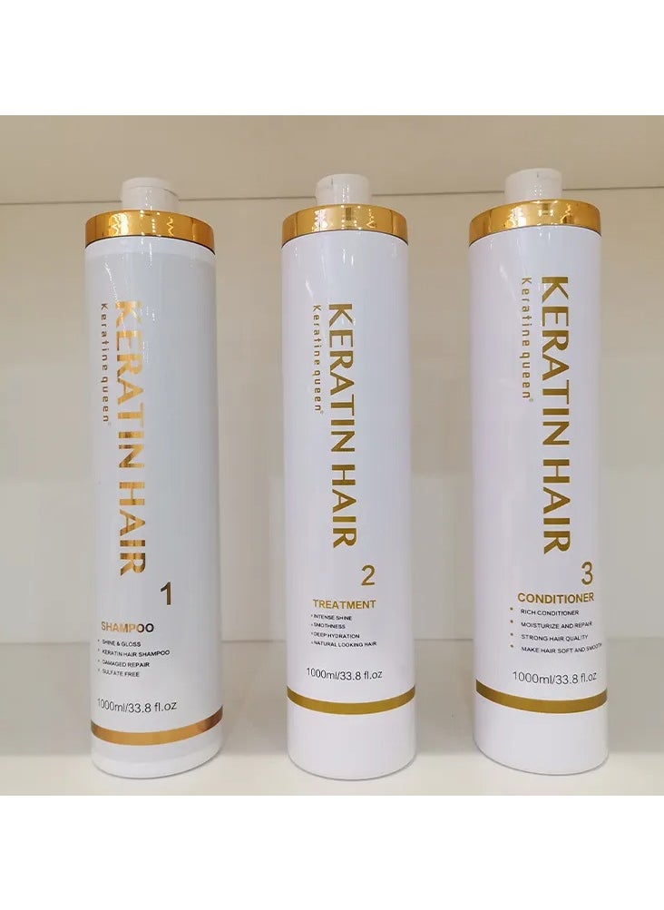 Keratin Queen Professional Hair Treatment Set, 1000ml, 3-Step System with Shampoo, Treatment and Conditioner for Straight Smooth Hair