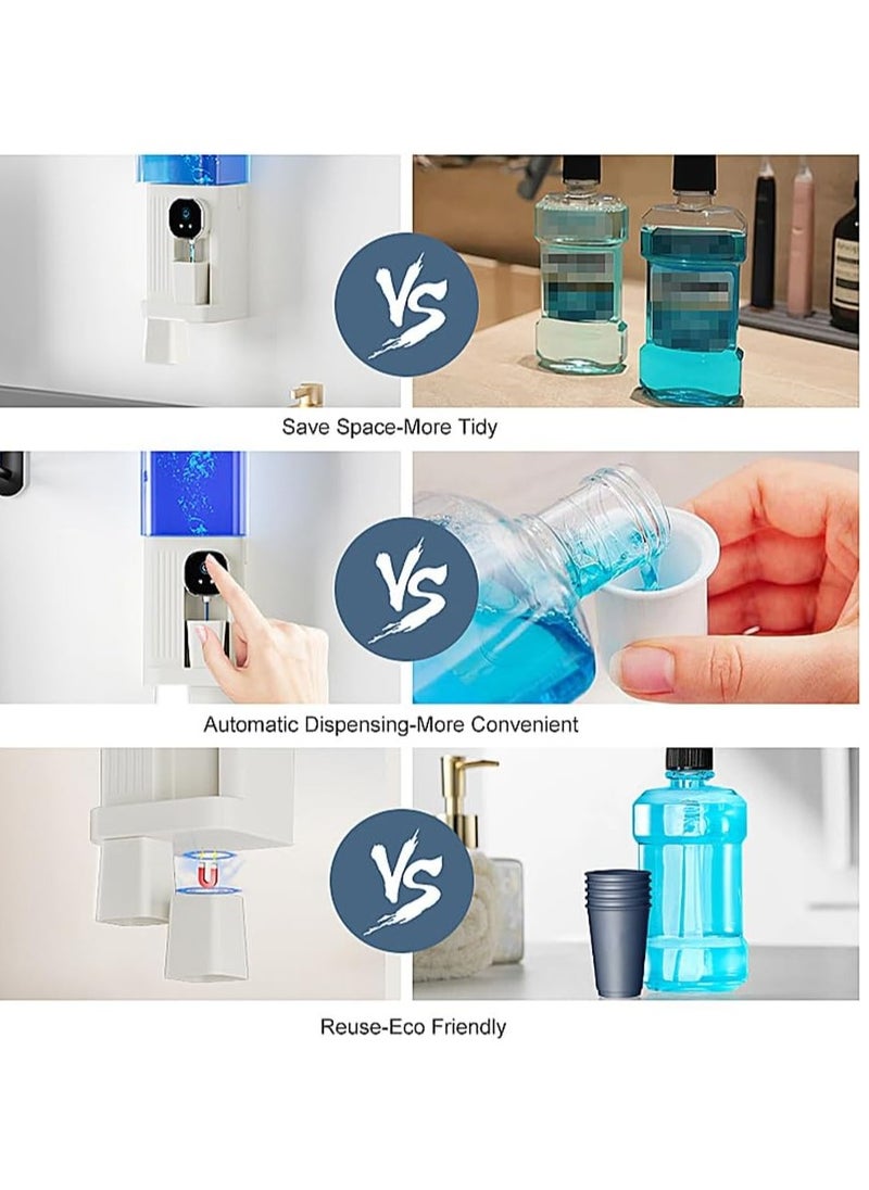 Automatic Mouthwash Dispenser for Bathroom,Bathroom Accessories 23.67 Fl Oz Dispensers with Magnetic Cups,Wall Mounted Dispenser,Suitable for All Age Groups(White)
