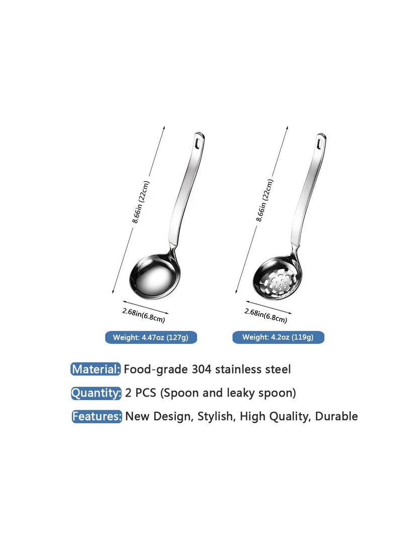 Soup Ladle Skimmer Slotted Spoon Set, 2 Pcs Soup Ladle Metal SUS304, Stainless Steel Ladles Spoon and Slotted Colander Spoon Set, Small Soup Ladle, for Serving Gravy Hot Pot Or Restaurant