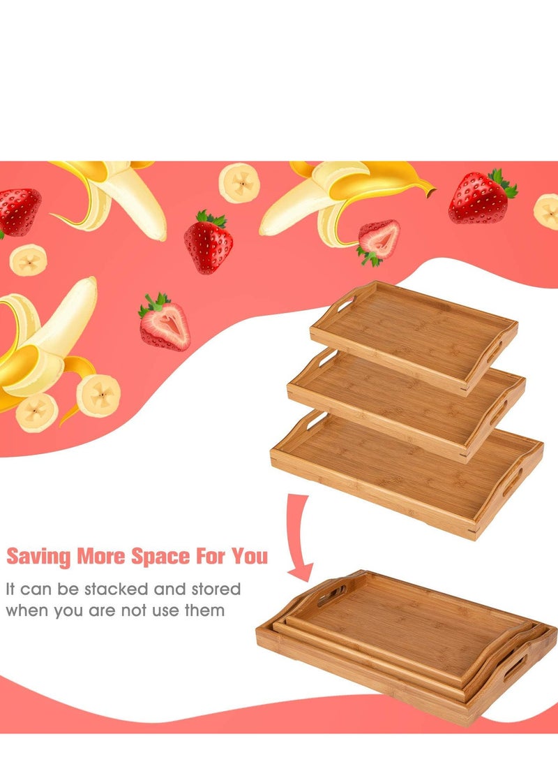 3 Pack Serving Tray,Large Bamboo Serving Tray With Handles Wood Serving Tray Set