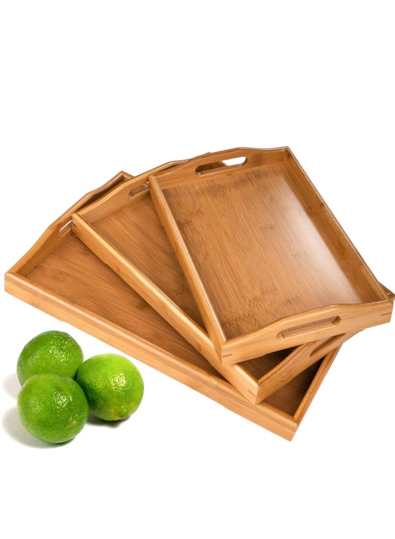3 Pack Serving Tray,Large Bamboo Serving Tray With Handles Wood Serving Tray Set
