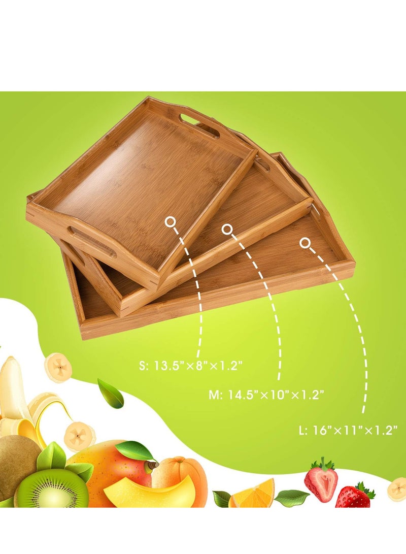 3 Pack Serving Tray,Large Bamboo Serving Tray With Handles Wood Serving Tray Set