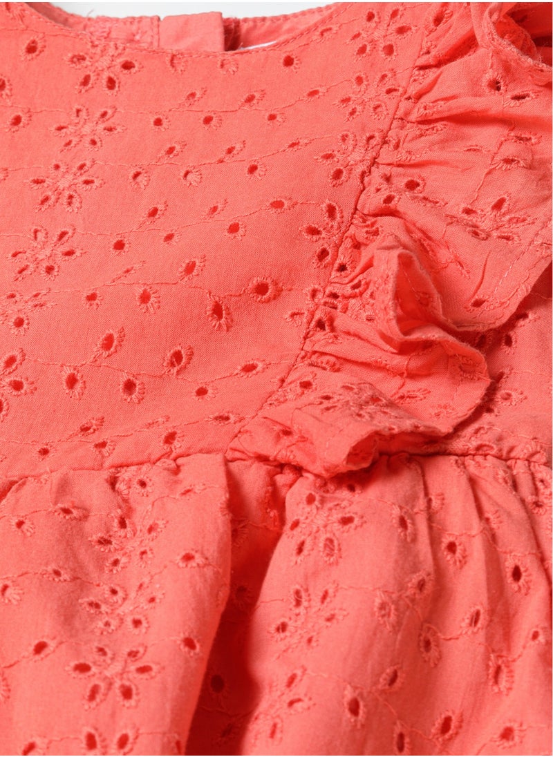 Girls Coral Broderie Dress with Ruffles