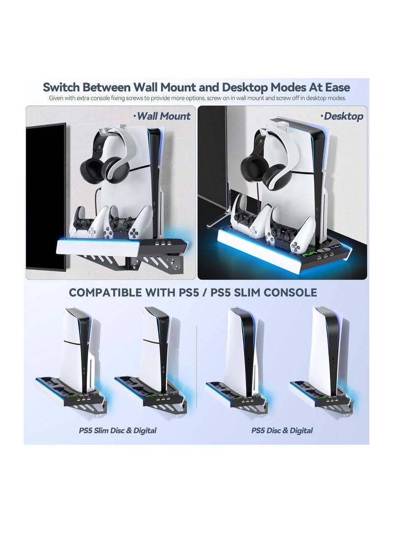 Tokluck PS5 Wall Mount, Cooling Station for PS5 Slim/Original PS5 Disc & Digital, PS5 Fan 3 Levels, PS5 Accessories for PS5 Controller Charger