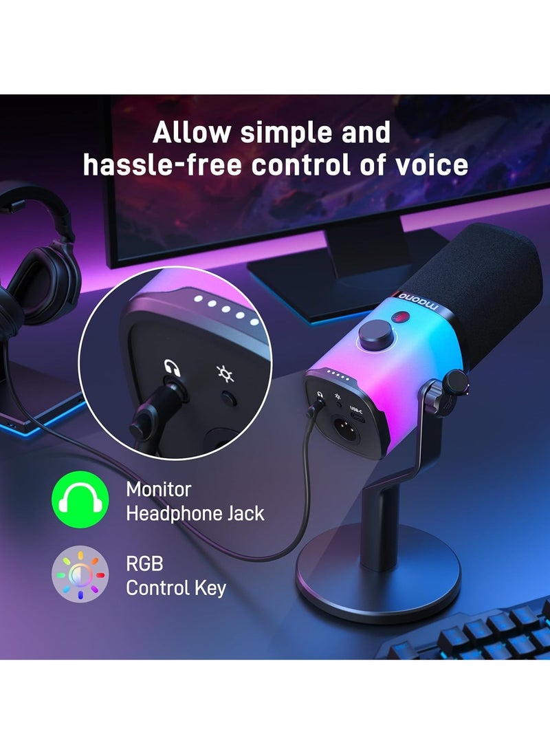 Maono PD100X RGB XLR/USB Dynamic Microphone – Cardioid Mic with RGB Lights, Mute Button, Headphone Jack, Stand for Podcast, Gaming & Streaming