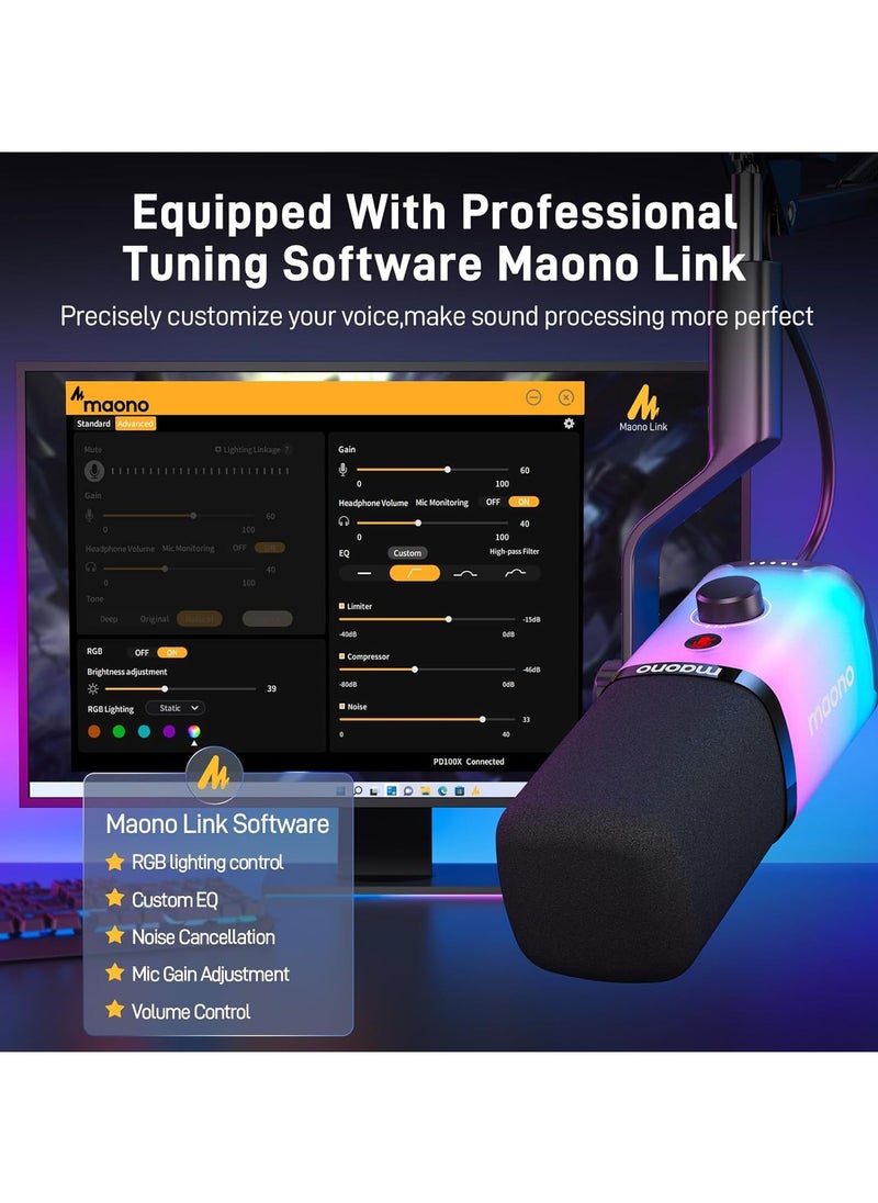 Maono PD100X RGB XLR/USB Dynamic Microphone – Cardioid Mic with RGB Lights, Mute Button, Headphone Jack, Stand for Podcast, Gaming & Streaming