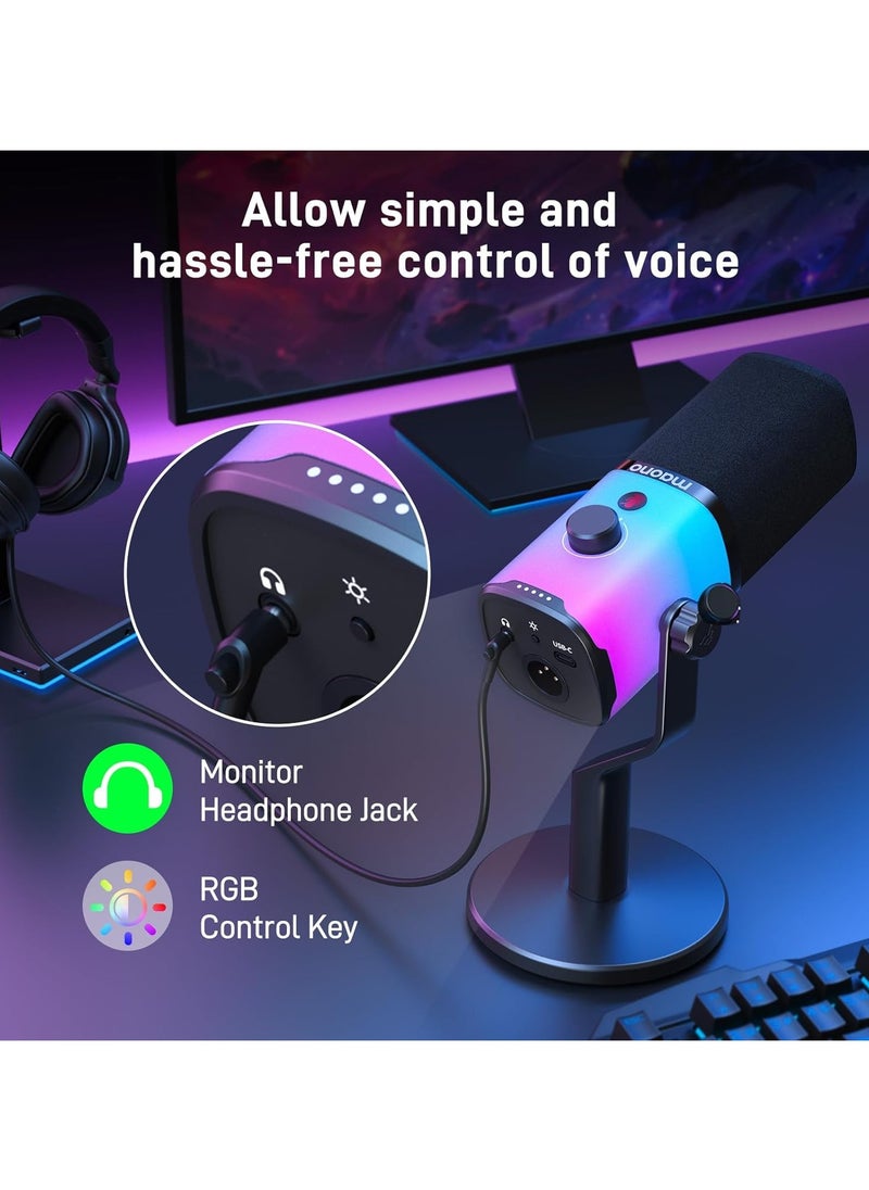 Maono PD100X RGB XLR/USB Dynamic Microphone – Cardioid Mic with RGB Lights, Mute Button, Headphone Jack, Stand for Podcast, Gaming & Streaming