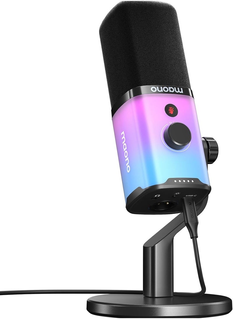 Maono PD100X RGB XLR/USB Dynamic Microphone – Cardioid Mic with RGB Lights, Mute Button, Headphone Jack, Stand for Podcast, Gaming & Streaming