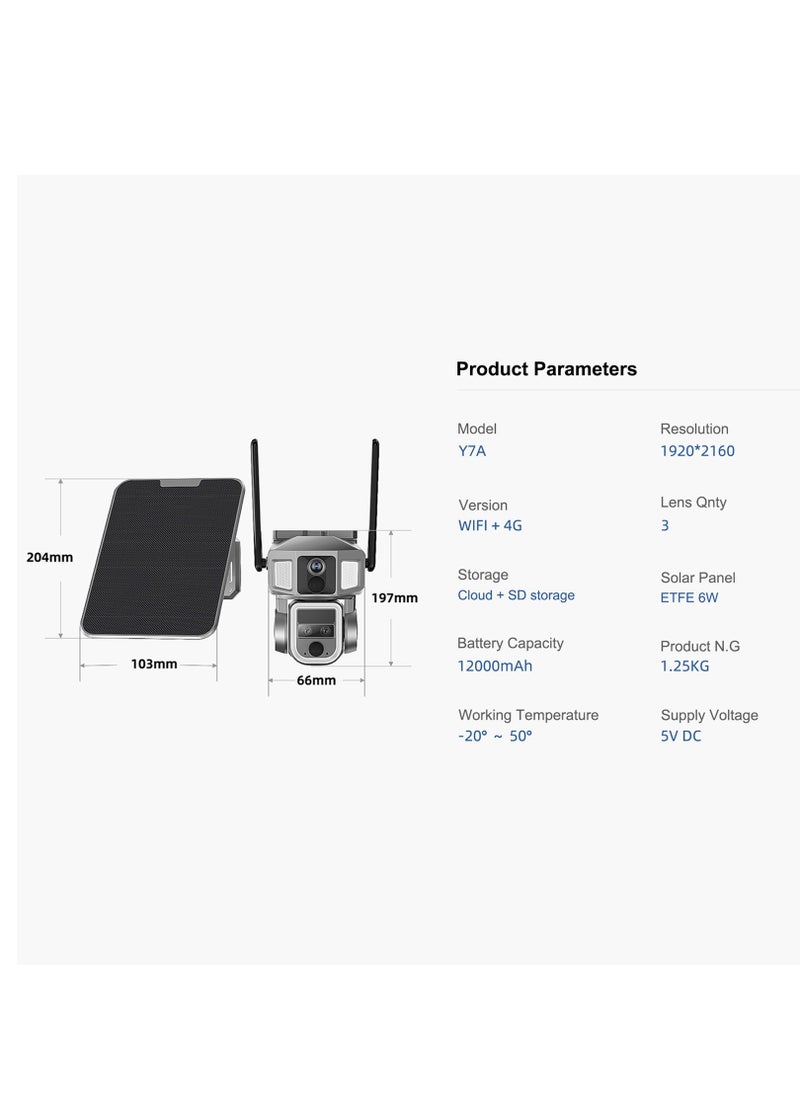Y7A 4G-WiFi-4K-8MP(10X) Solar Triple-lens Linkage Camera CCTV 9W Solar Panel