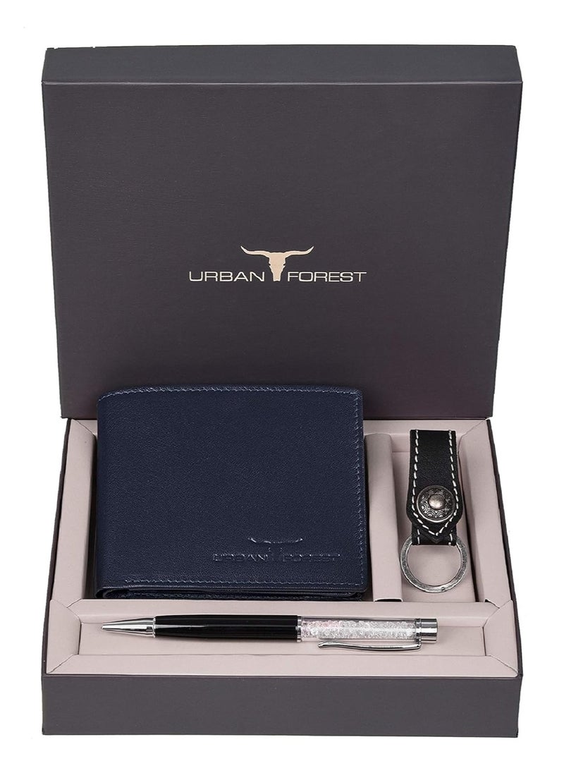 URBAN FOREST Sherlock Blue Leather Wallet, Keyring & Pen Combo Gift Set for Men