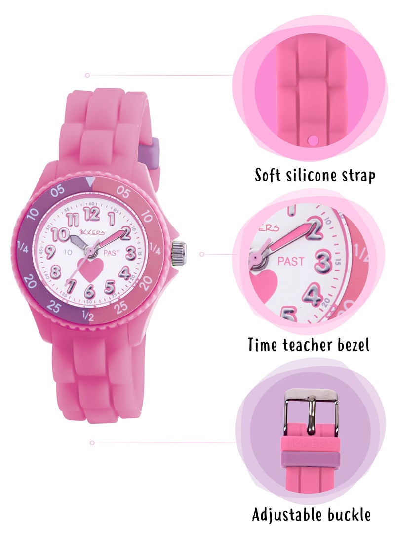Tikkers Girls Pink Silicone Strap Heart Time Teacher Watch - TK0003