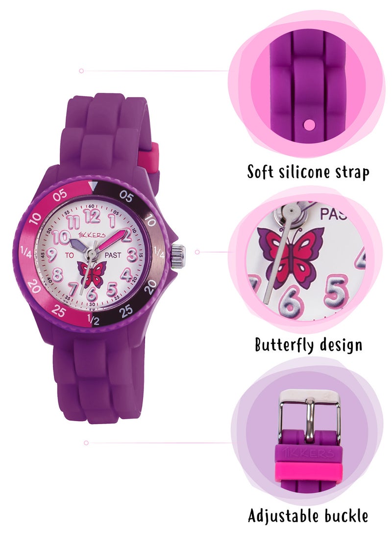 Tikkers Girls Purple Silicone Strap Butterfly Time Teacher Watch - TK0041