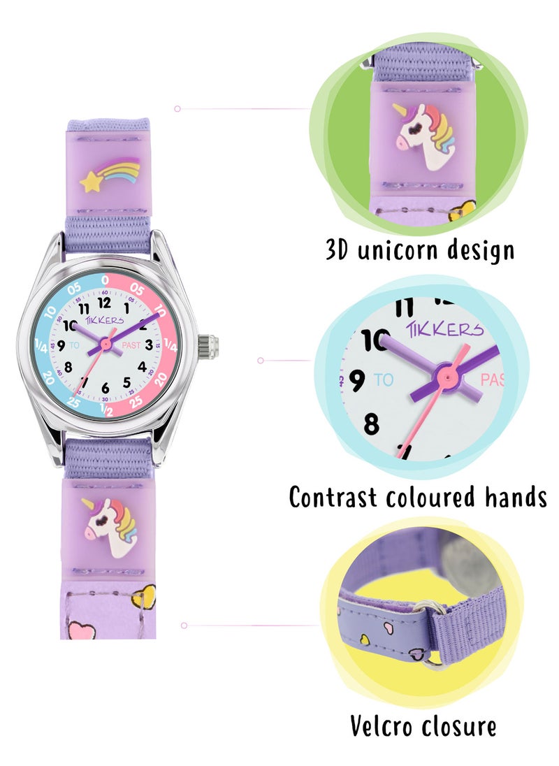 Tikkers Girls Purple Fabric Rip Strap Unicorn Watch - TK0148