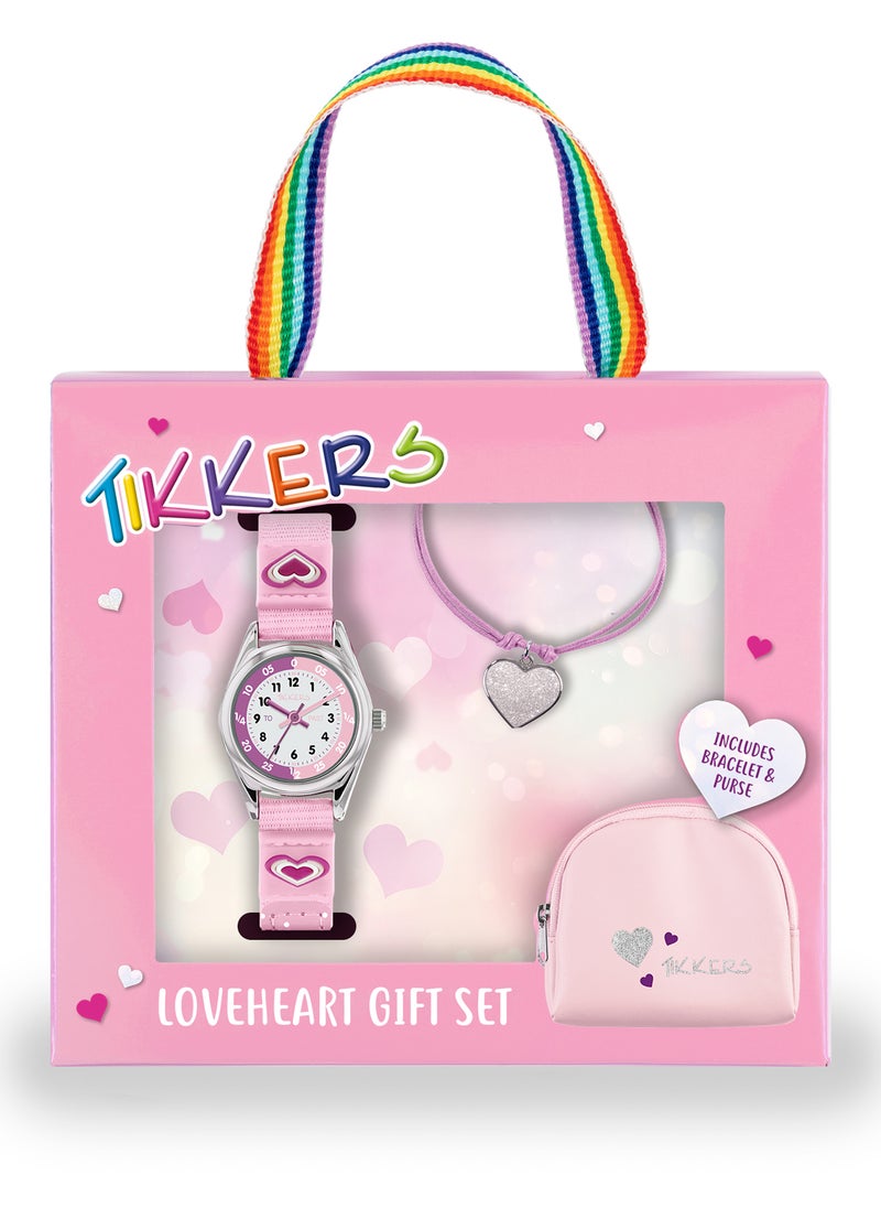 Tikkers Girls Pink Canvas Rip Strap Heart Watch, Purse, & Bracelet Set - ATK1031