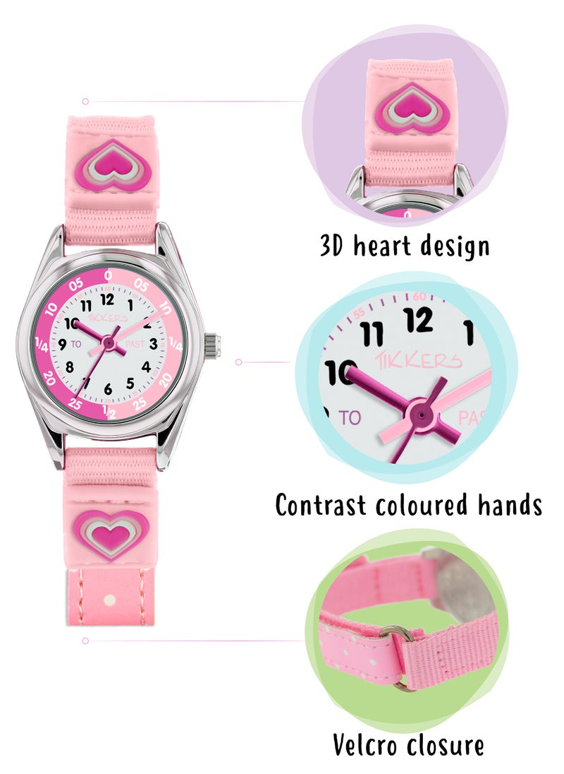 Tikkers Girls Pink Canvas Rip Strap Heart Watch, Purse, & Bracelet Set - ATK1031