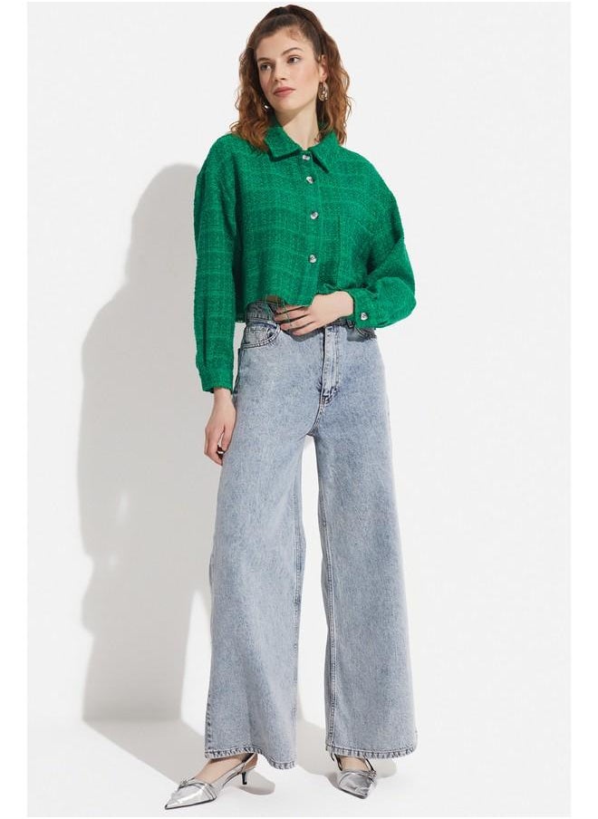 June Women Regular Pocket Detailed Tweed Jacket Green