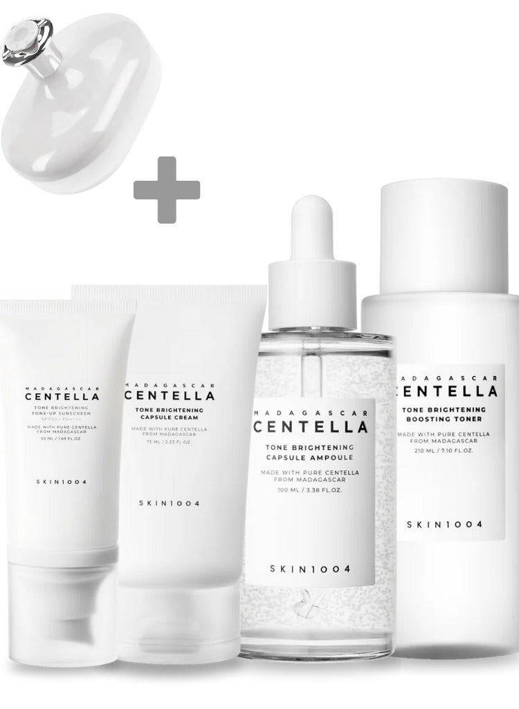 Madagascar Centella Tone Brightening Boosting Pack – Toner 210ml, Capsule Ampoule 100ml, Capsule Cream 75ml & Sunscreen 50ml Set – Complete Hydrating & Brightening Skincare Routine And Face Scrubber 435ml