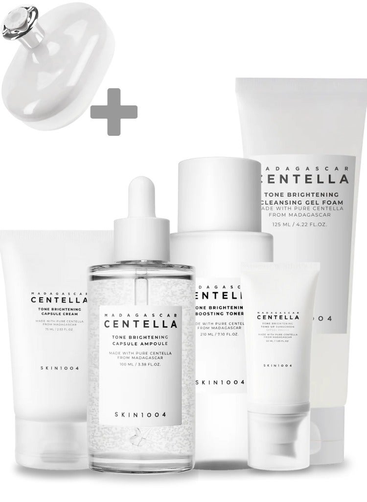 Madagascar Centella Tone Brightening Boosting Pack – Foam Cleanser 125ml, Toner 210ml, Ampoule 100ml, Capsule Cream 75ml & Sunscreen 50m Set – Complete Hydrating & Brightening Skincare Routine And Face Scrubber 560ml