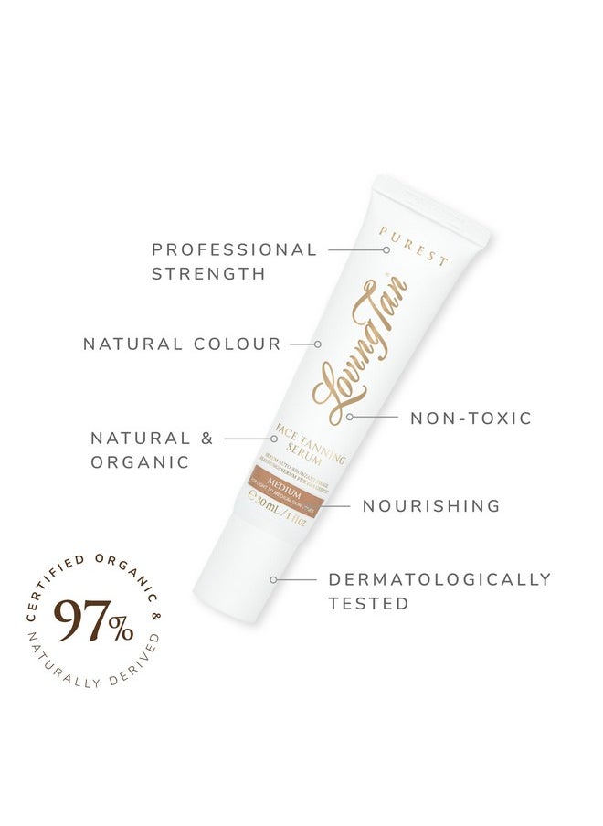 Loving Tan Purest Face Tanning Serum, Medium - Sunless Tanner Made From 97% Certified Organic & Naturally Derived Ingredients, 5+ Self Tanner Applications, Cruelty Free, Vegan - 1 Fl Oz