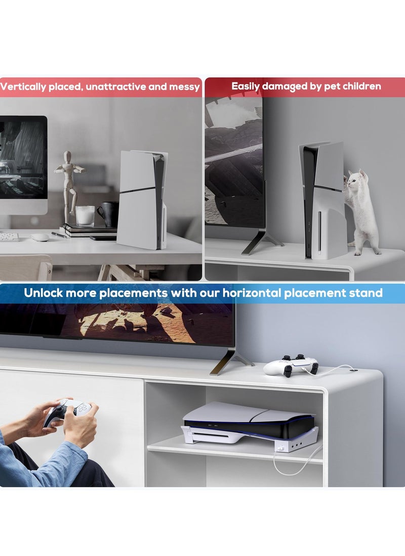 Horizontal Stand for PS5 Slim Edition Console with 4 USB Ports, Base Stand Accessories for Playstation 5 Slim Disc & Digital Edition, Holder with 4 USB 2.0 Date Ports for PS5 Controller Charging