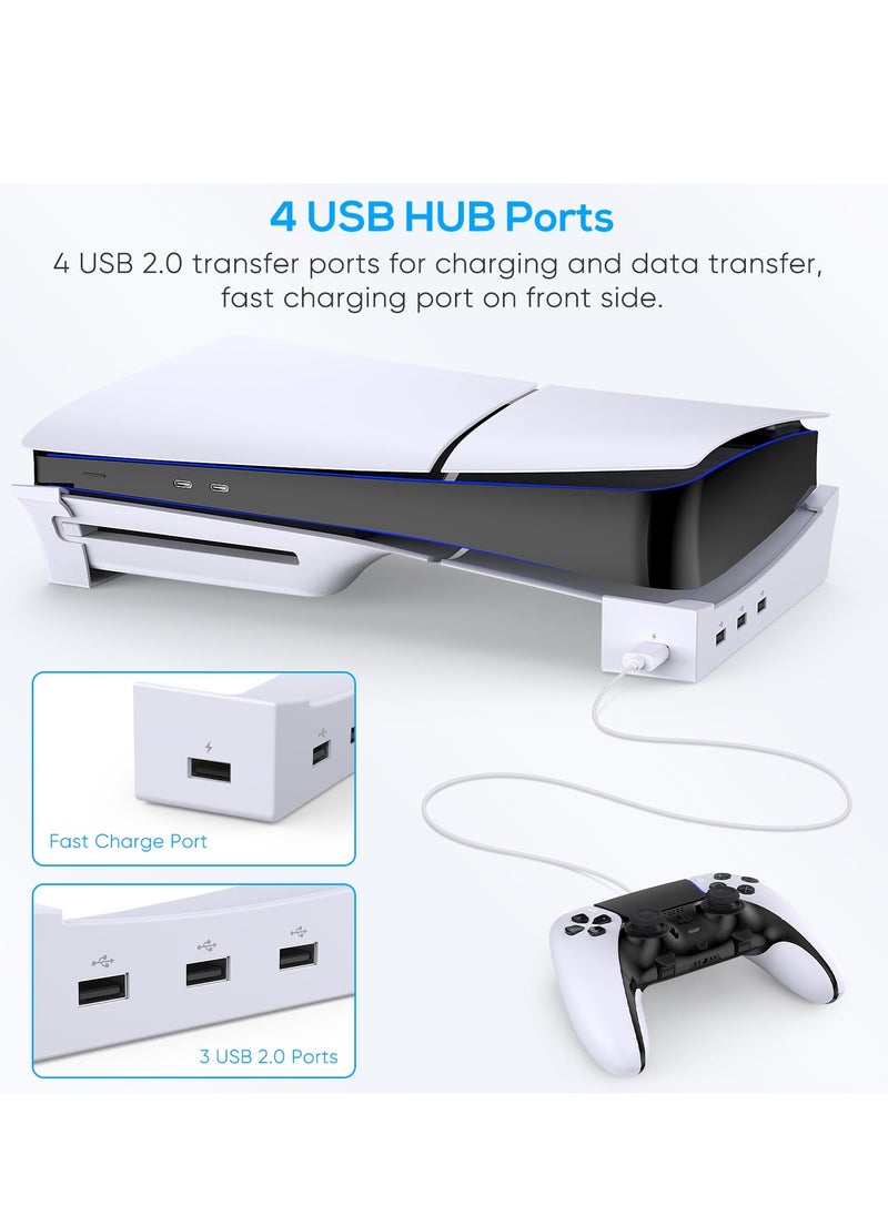 Horizontal Stand for PS5 Slim Edition Console with 4 USB Ports, Base Stand Accessories for Playstation 5 Slim Disc & Digital Edition, Holder with 4 USB 2.0 Date Ports for PS5 Controller Charging