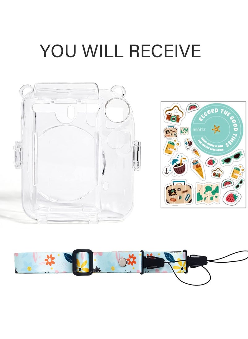 Clear Case for Fuji Instax Mini 12 /Polaroid Mini 12, Case for Fujifilm Instax Mini 12 Instant Camera with Back Photos Pocket, Shoulder Strap and Beautiful Sticker