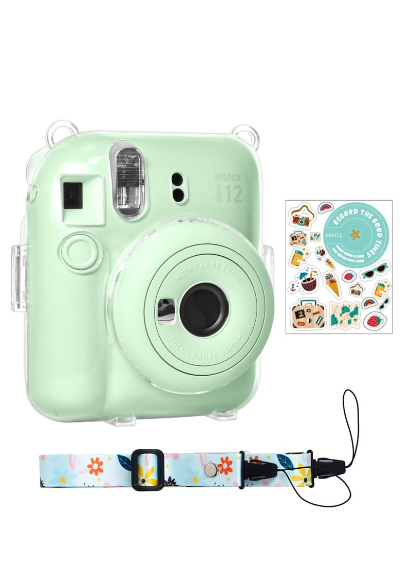 Clear Case for Fuji Instax Mini 12 /Polaroid Mini 12, Case for Fujifilm Instax Mini 12 Instant Camera with Back Photos Pocket, Shoulder Strap and Beautiful Sticker