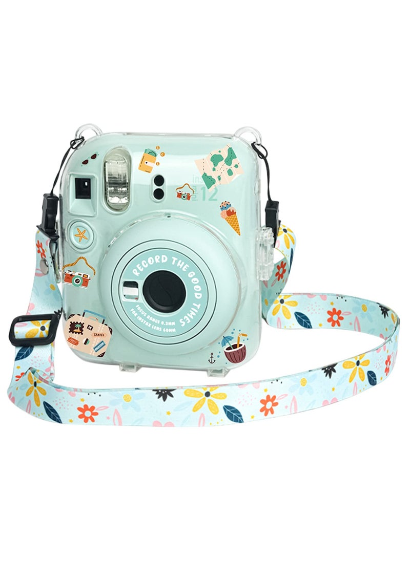 Clear Case for Fuji Instax Mini 12 /Polaroid Mini 12, Case for Fujifilm Instax Mini 12 Instant Camera with Back Photos Pocket, Shoulder Strap and Beautiful Sticker