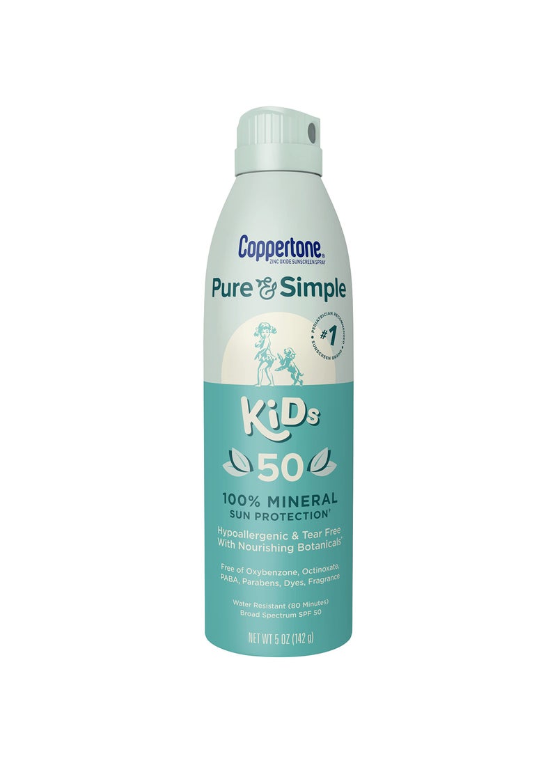 Coppertone Pure and Simple Kids Sunscreen Spray SPF 50, Zinc Oxide Mineral , Tear Free, Water Resistant, Broad Spectrum , 5 Oz