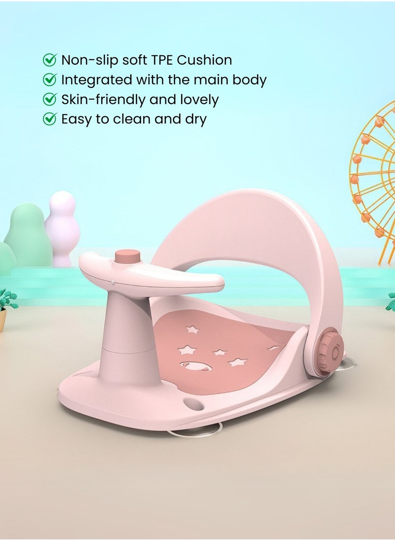Baby Bath Seat with Safety Guardrail – 3 Fun Toys, 4 Suction Cups, Compact & Portable Bath Chair – Ideal for Bathtub or Bathroom