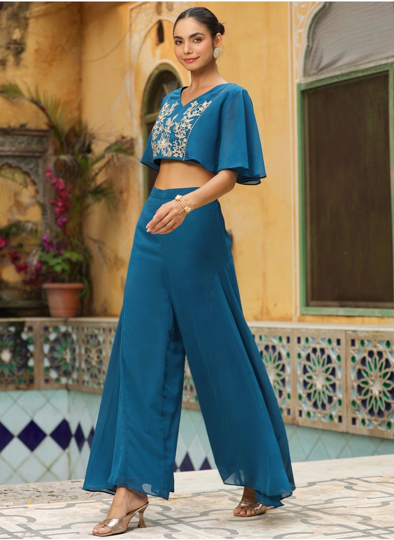 Teal Weightless Georgette Embroidred Crop Top Co-Ord Set