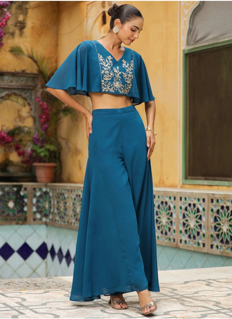 Teal Weightless Georgette Embroidred Crop Top Co-Ord Set