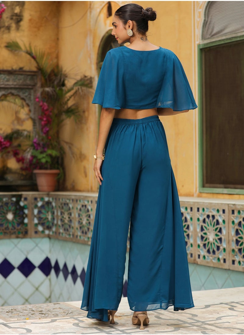 Teal Weightless Georgette Embroidred Crop Top Co-Ord Set