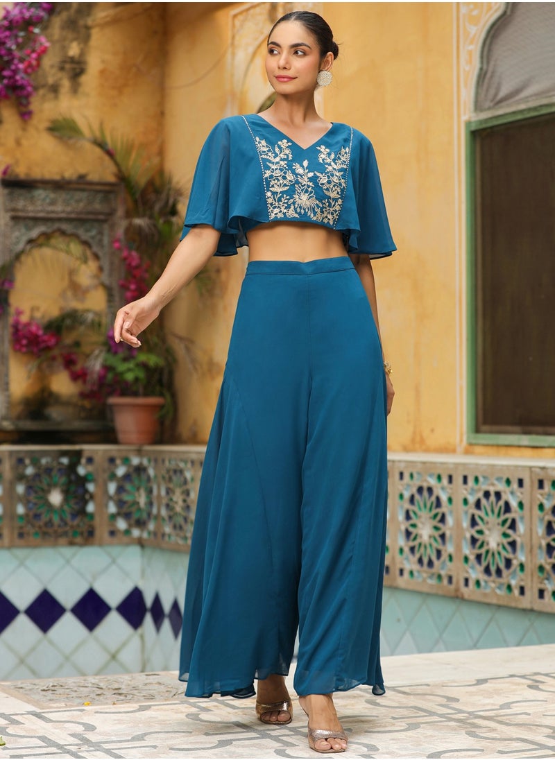 Teal Weightless Georgette Embroidred Crop Top Co-Ord Set