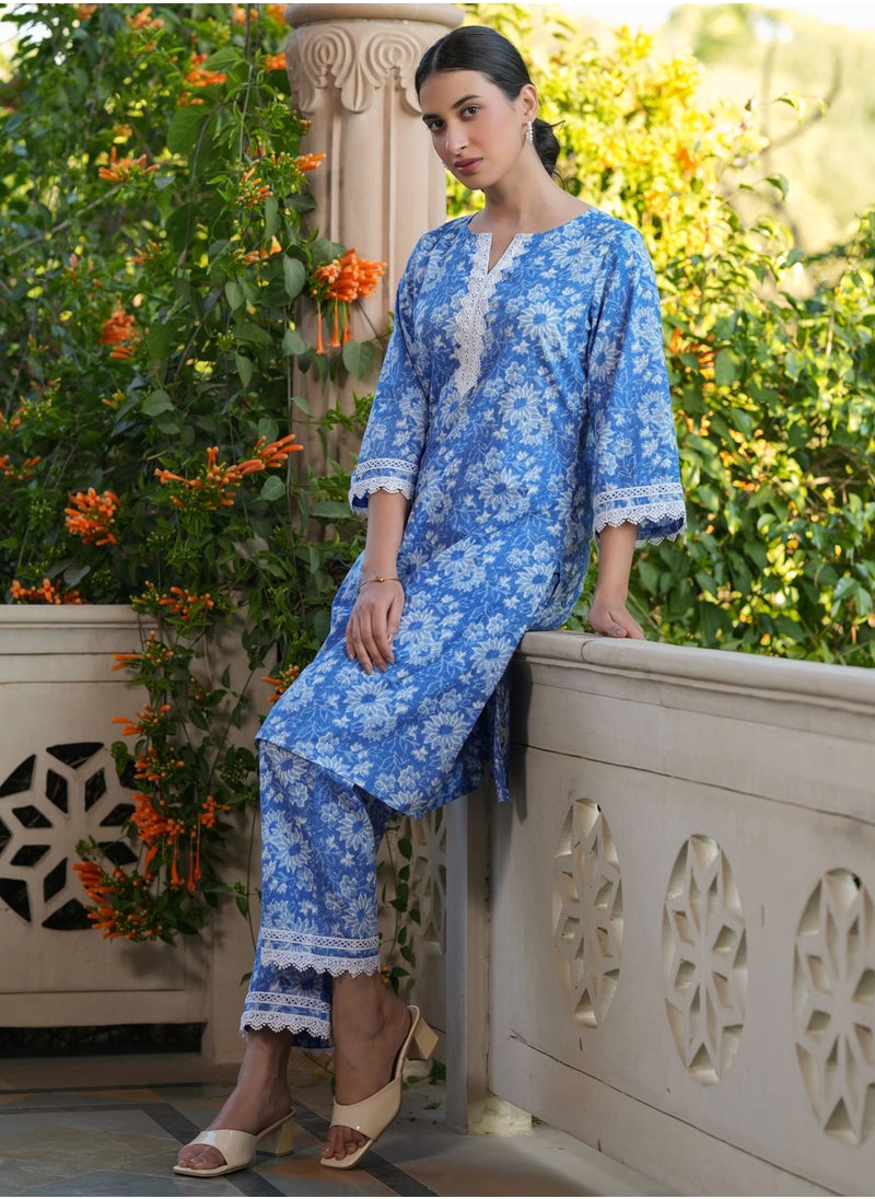 Blue Cotton Printed Kurta 2Pc Set