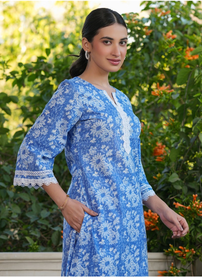 Blue Cotton Printed Kurta 2Pc Set