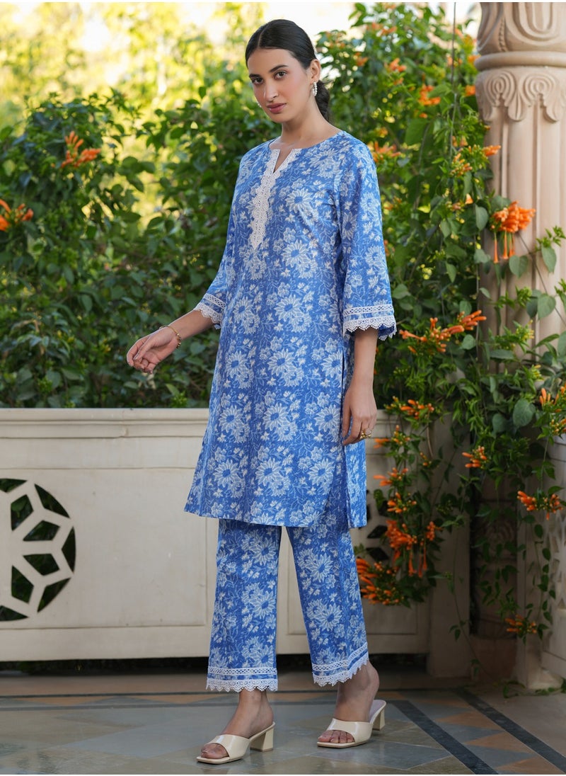 Blue Cotton Printed Kurta 2Pc Set