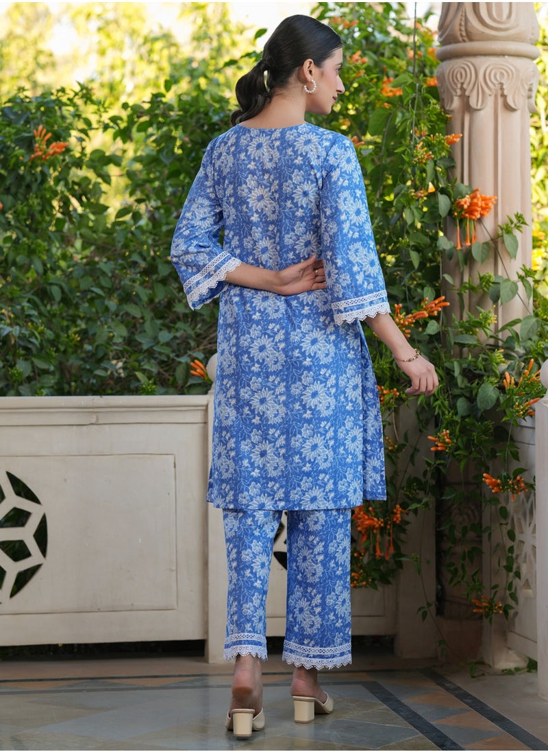 Blue Cotton Printed Kurta 2Pc Set