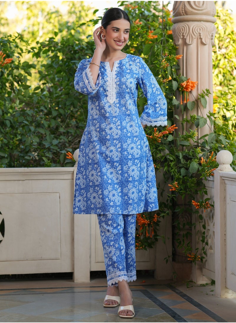 Blue Cotton Printed Kurta 2Pc Set